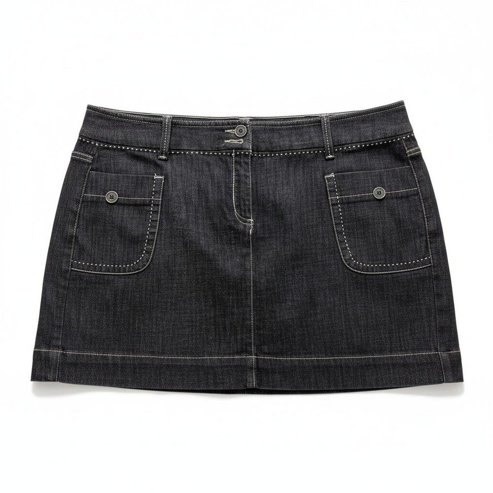 Ann Taylor LOFT 14 Black Denim Mini Skirt Contrast Stitch Y2K Vintage